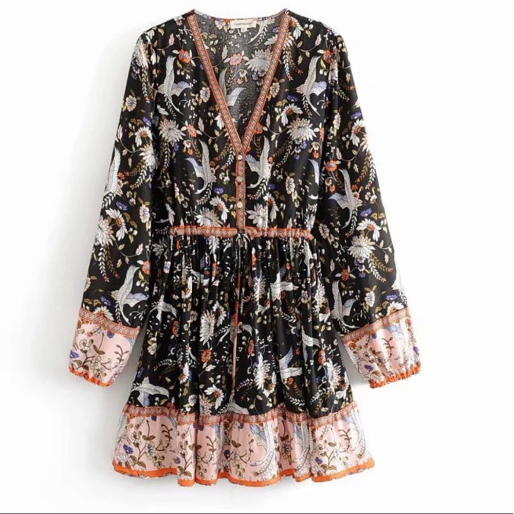 Boho Floral Crane Gypsy Print Dress Black Orange - Picture 5 of 13